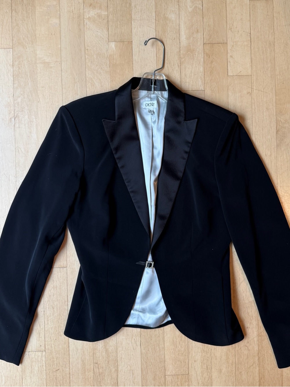 Cache Black Blazer Satin-Lapel with Cinched Waist
